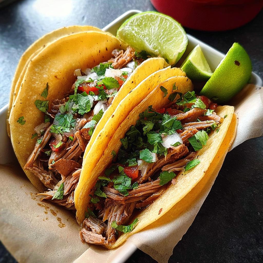 Close-up of two flavorful shredded meat tacos, topped with onions, cilantro, and served with lime wedges for Taco Tuesday.