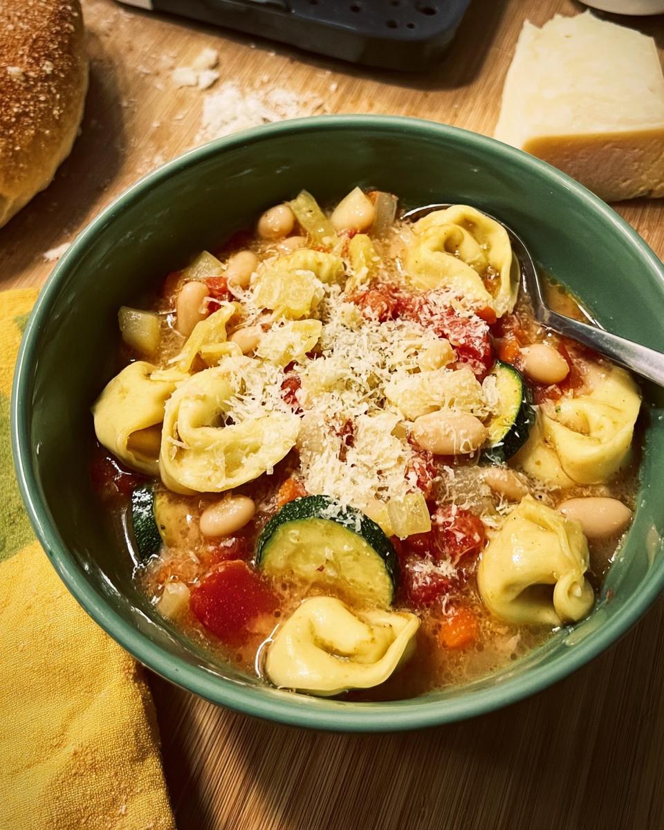 A close-up of a bowl of tortellini soup with vegetables, beans, and grated parmesan cheese. One of 15 Genius Soup Recipes.