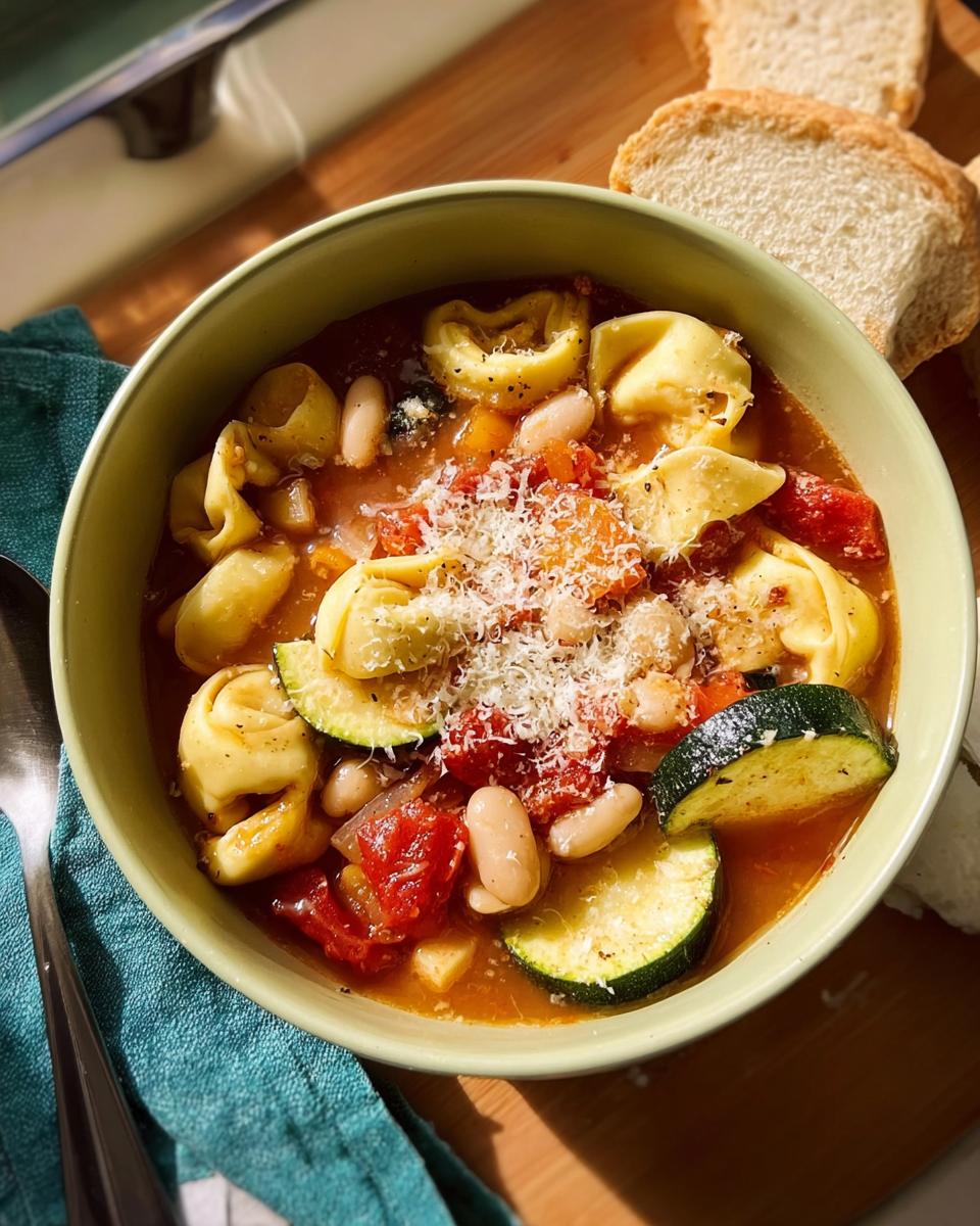 A close-up of a bowl of tortellini soup with zucchini, beans, and tomatoes, topped with grated cheese. One of 15 Genius Soup Recipes.