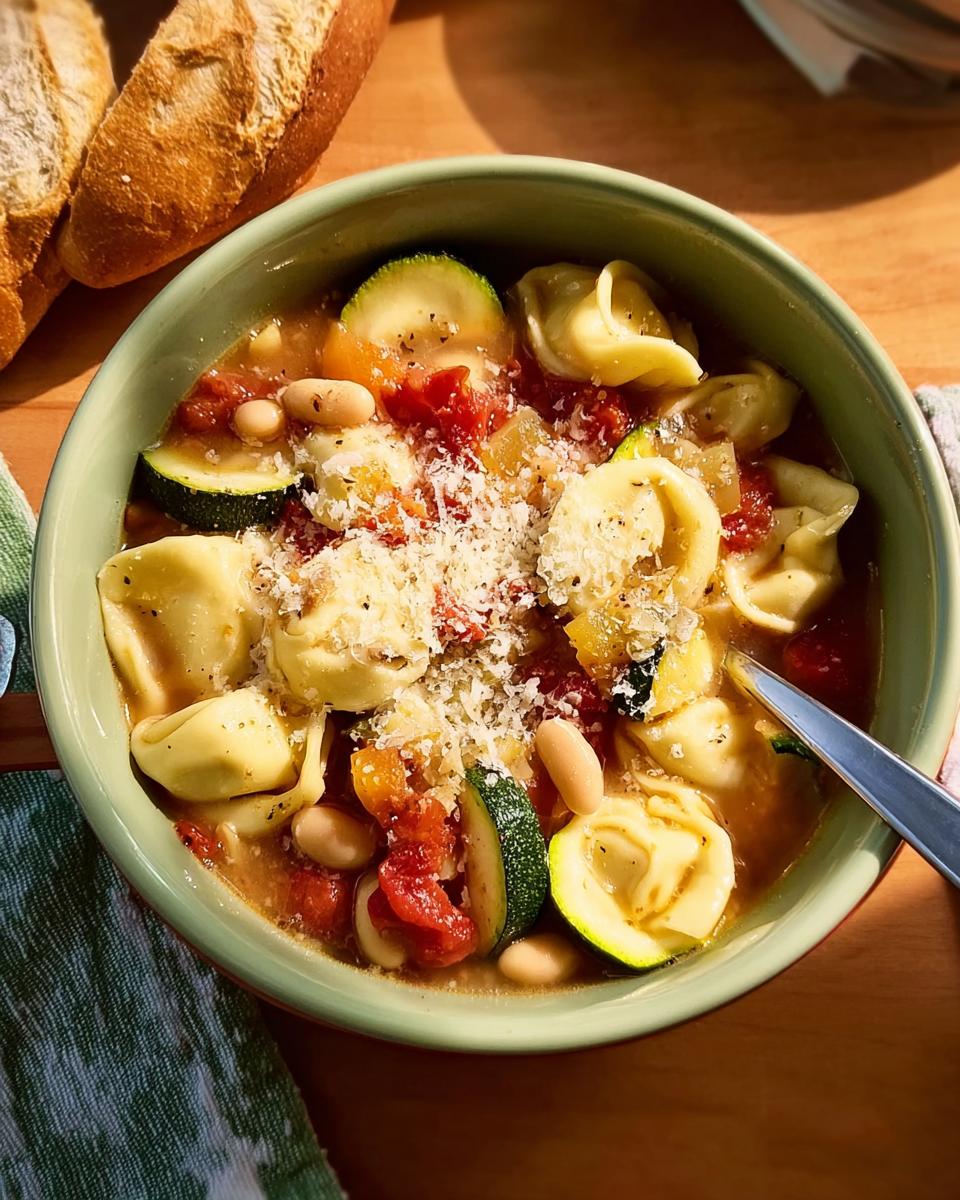 A bowl of tortellini soup with zucchini, tomatoes, beans, and Parmesan cheese, perfect for busy weeknights.