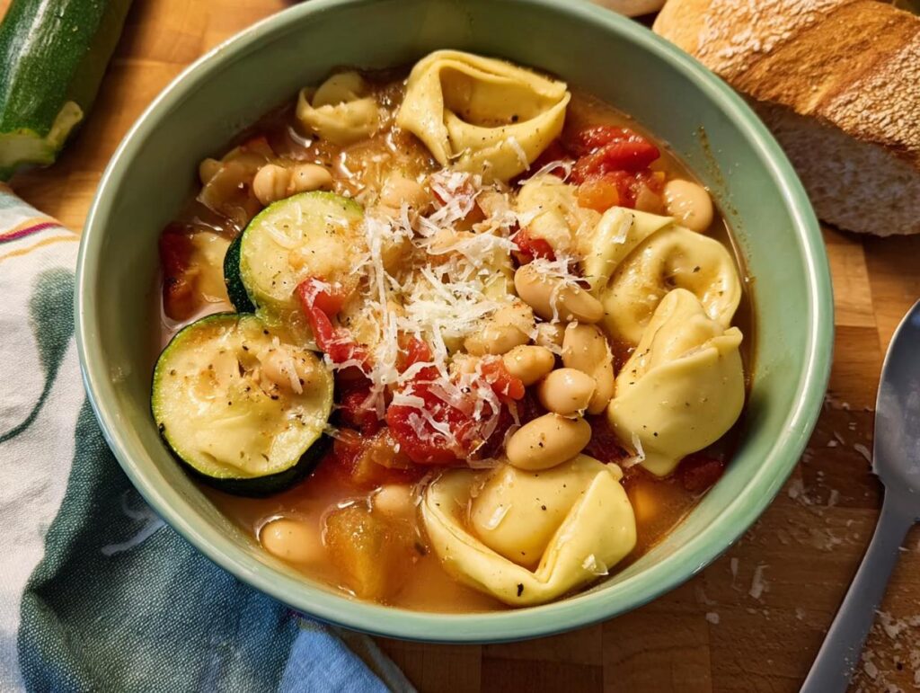 A bowl of tortellini soup with zucchini, white beans, and tomatoes, topped with shredded cheese. One of 15 Genius Soup Recipes Ideas for Busy Weeknights.