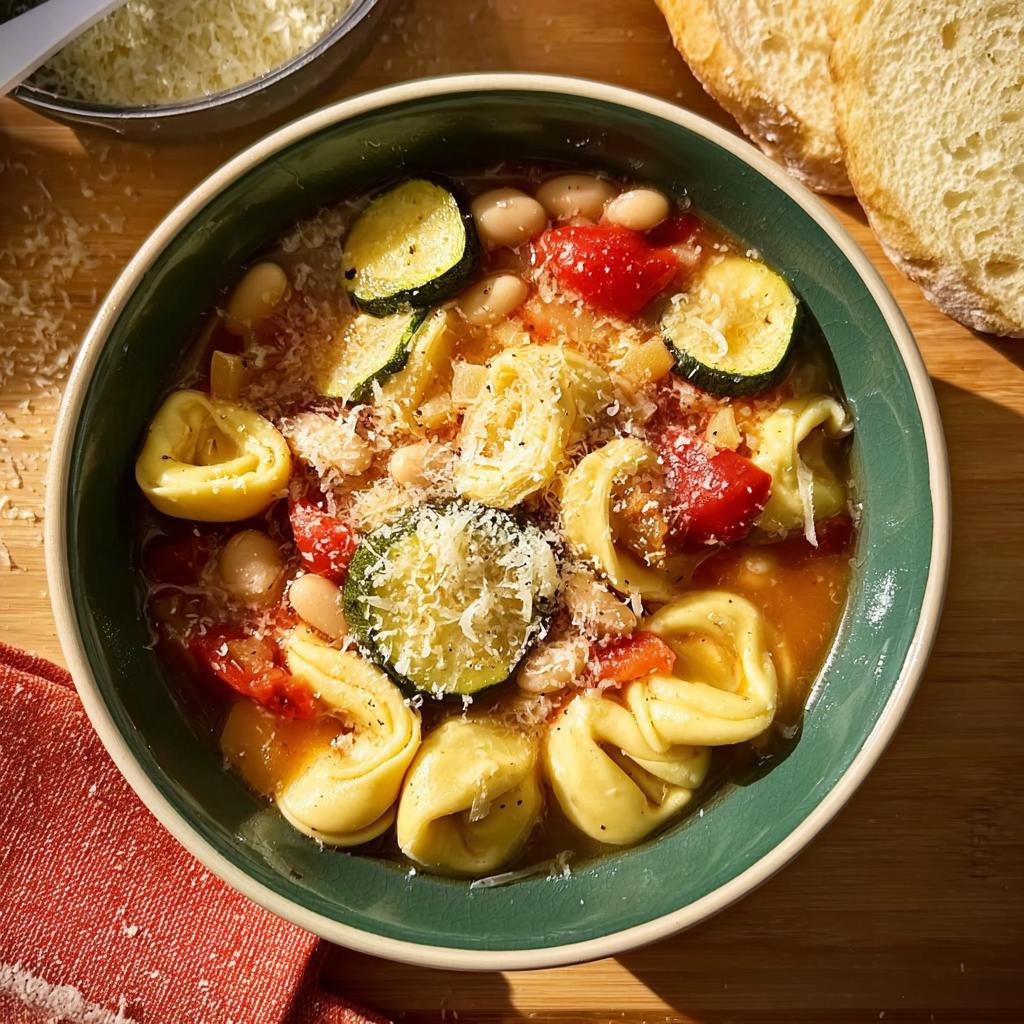 A close-up of a bowl of tortellini vegetable soup, featuring tortellini pasta, zucchini, tomatoes, and white beans, topped with grated Parmesan cheese.