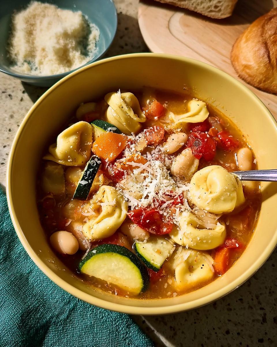 A bowl of tortellini vegetable soup with beans, zucchini, carrots, and tomatoes, topped with parmesan cheese.