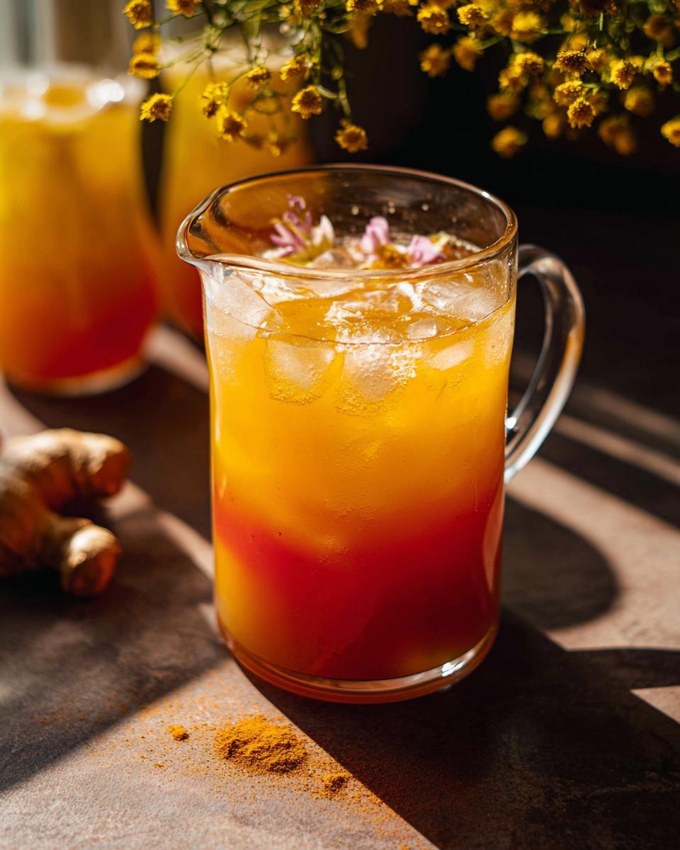 A vibrant turmeric and ginger drink with ice and edible flowers, perfect for Restaurant-Style Healthy Meals Recipes at Home.