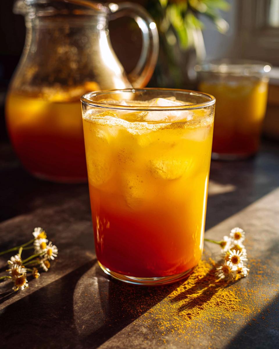 A vibrant turmeric and orange drink with ice in a glass, perfect for restaurant-style healthy meals at home.