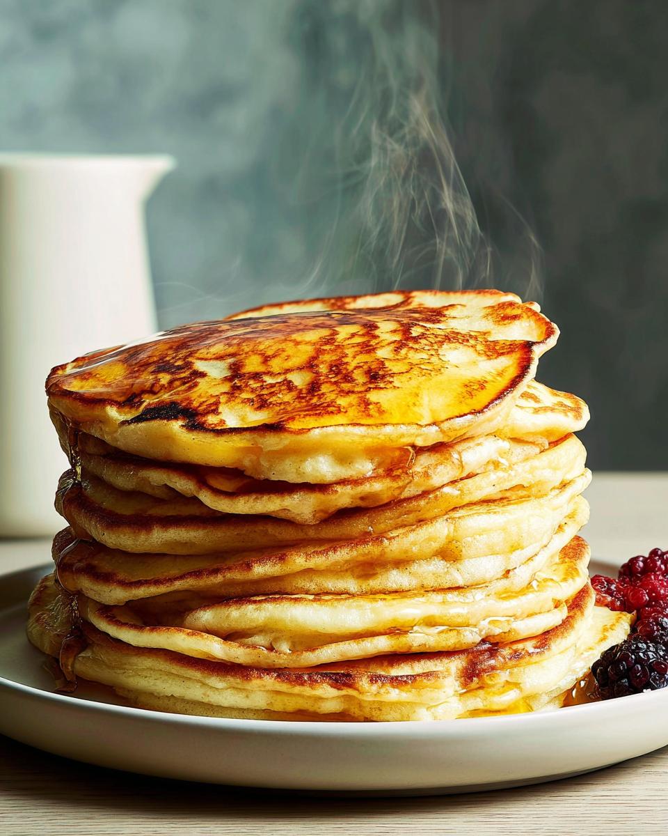 A tall stack of fluffy pancakes drizzled with syrup, with steam rising, part of The Ultimate Breakfast Ideas Recipes Guide for Beginners.
