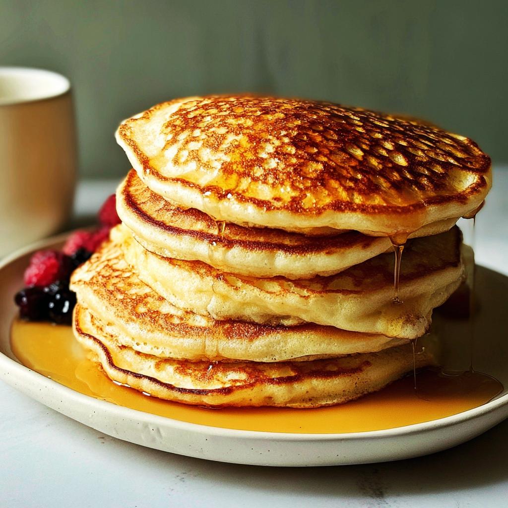 A tall stack of fluffy pancakes drizzled with syrup, served with fresh berries, part of The Ultimate Breakfast Ideas Recipes Guide for Beginners.