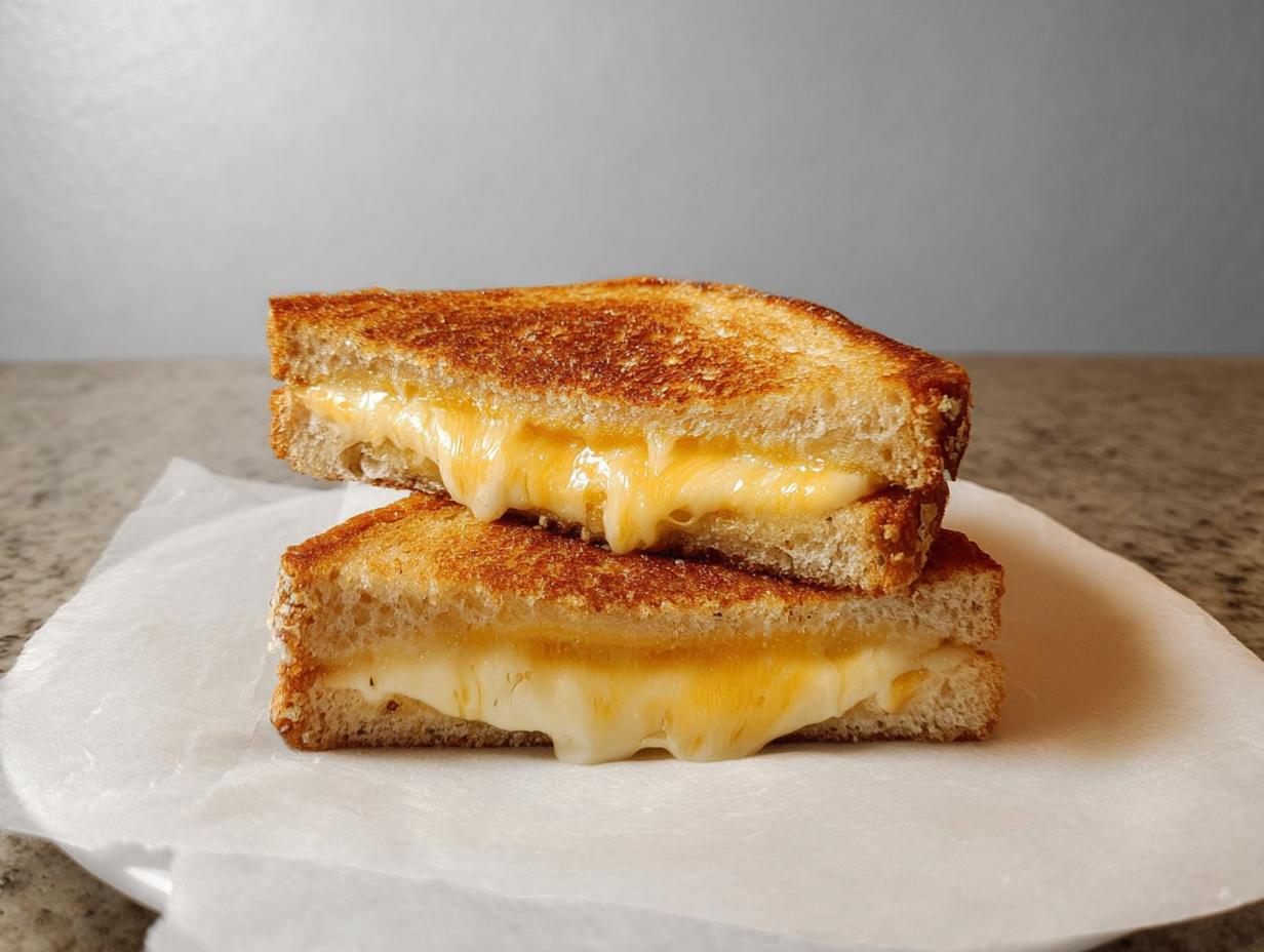 A stack of two perfectly grilled cheese sandwiches, with golden-brown bread and melted cheese oozing out.