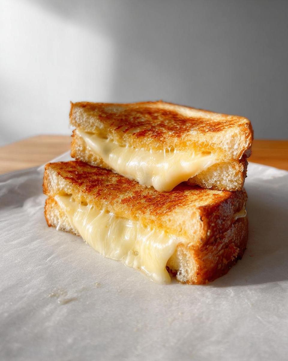 Two halves of a perfectly grilled cheese sandwich stacked, with gooey melted cheese oozing out.
