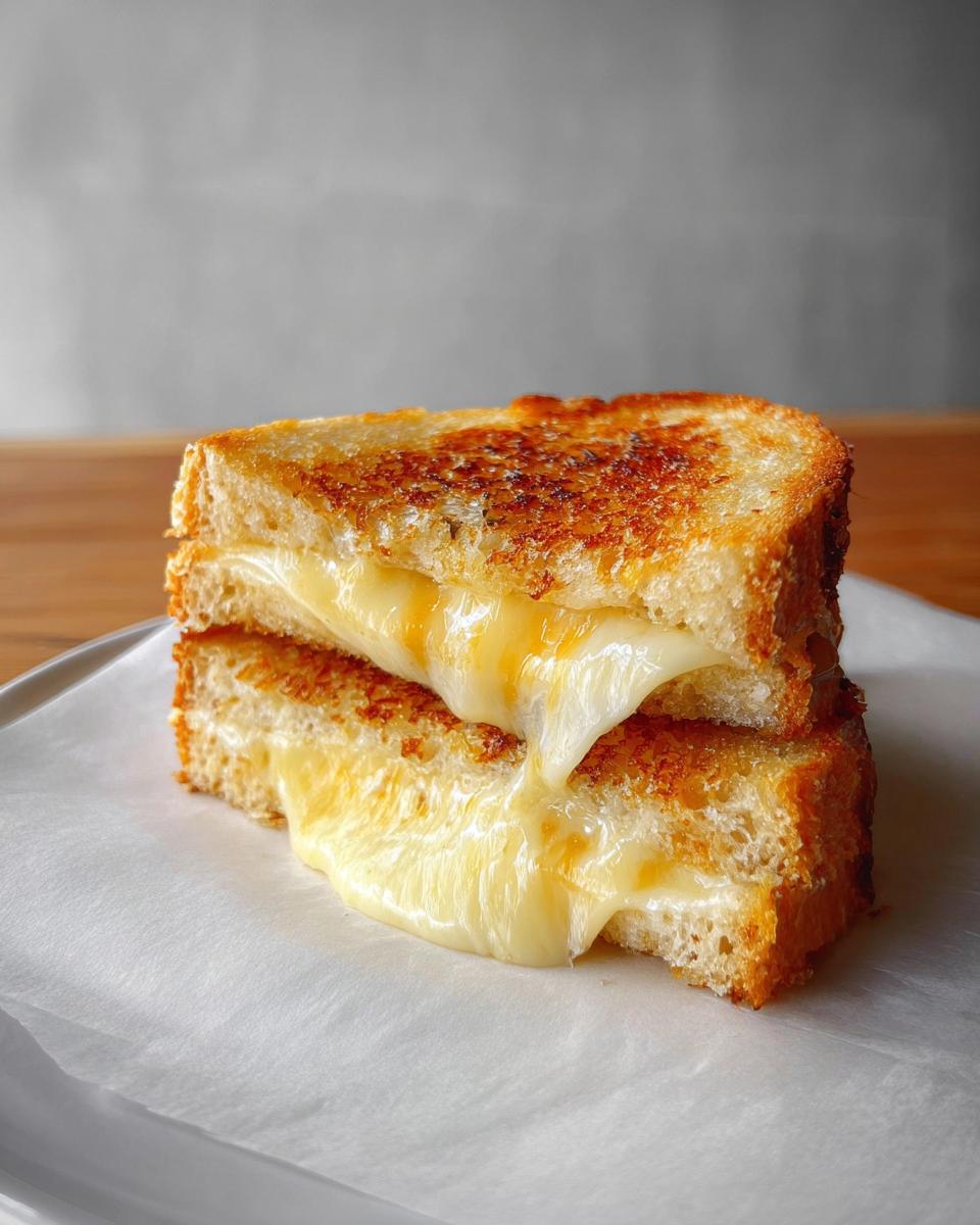 A perfectly grilled cheese sandwich, cut in half, with gooey melted cheese oozing out.