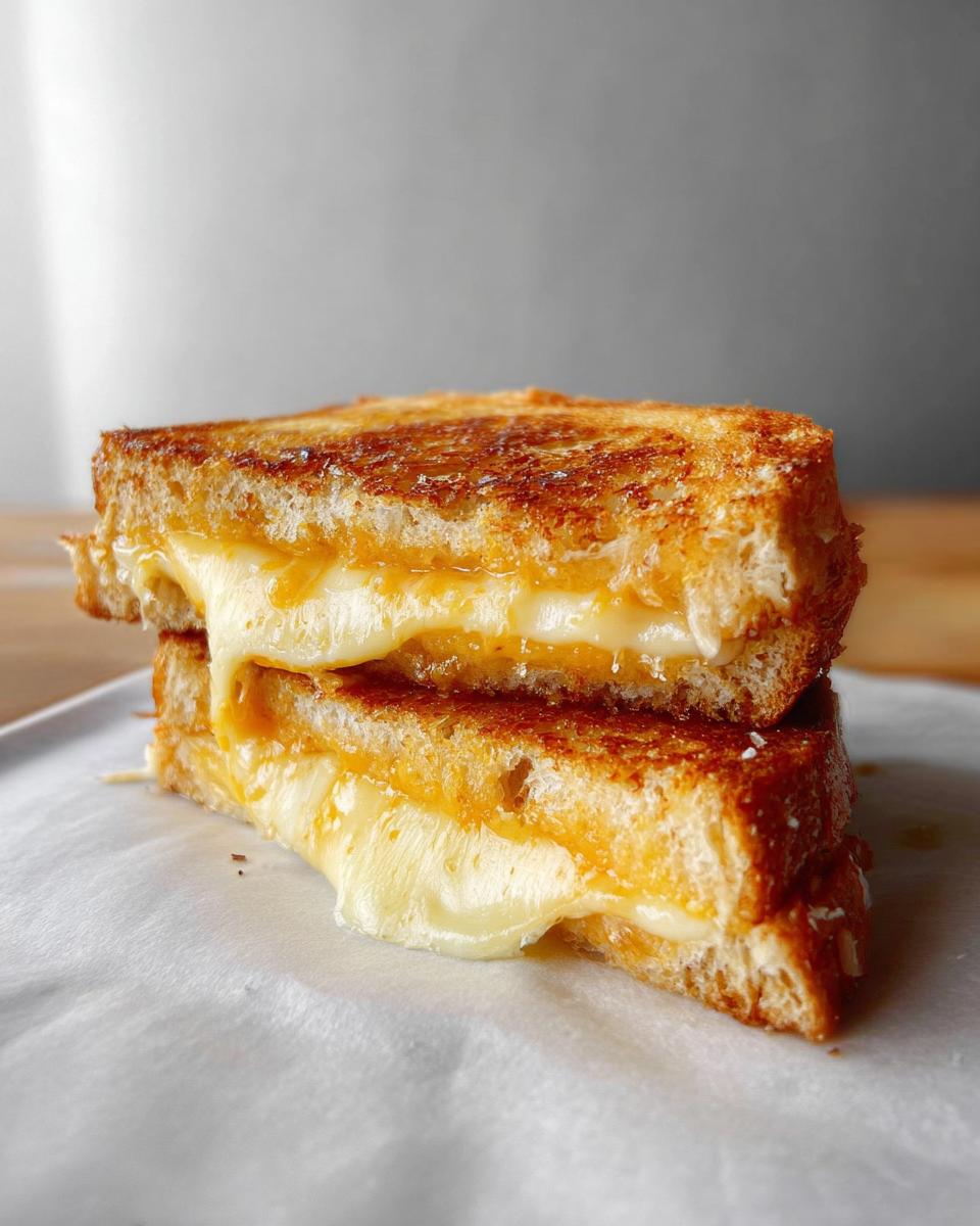 A close-up of a perfectly toasted grilled cheese sandwich, with gooey melted cheese oozing out.