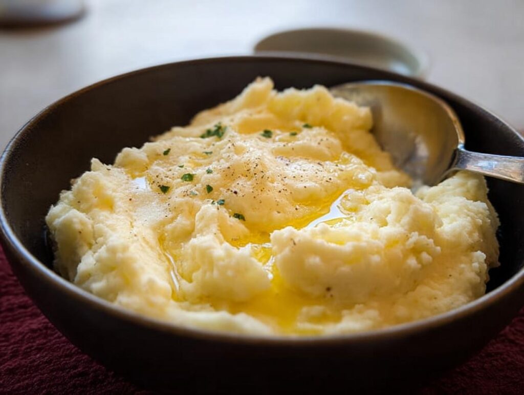 A close-up of creamy mashed potatoes topped with melted butter and chives, ready to be served.