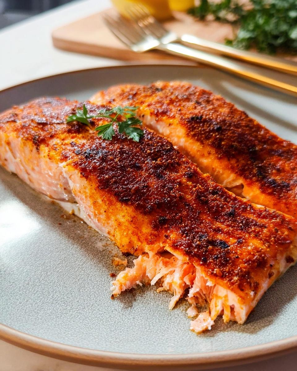 Two perfectly cooked salmon fillets with a seasoned crust, ready to be served from The Ultimate Salmon Recipes Guide for Beginners.