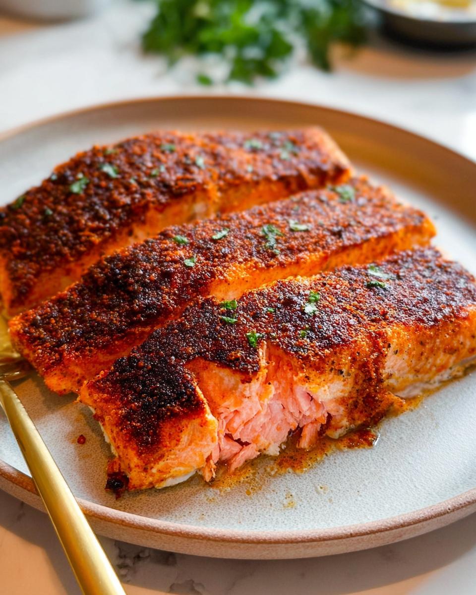Three perfectly cooked salmon fillets with a crispy crust, seasoned and garnished with parsley, from The Ultimate Salmon Recipes Guide for Beginners.