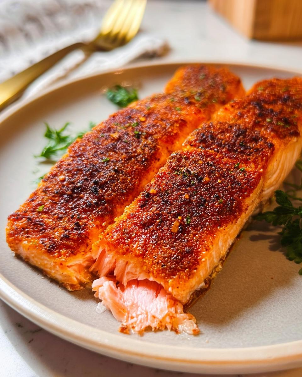 Close-up of two perfectly cooked salmon fillets seasoned with spices, ready to be served.