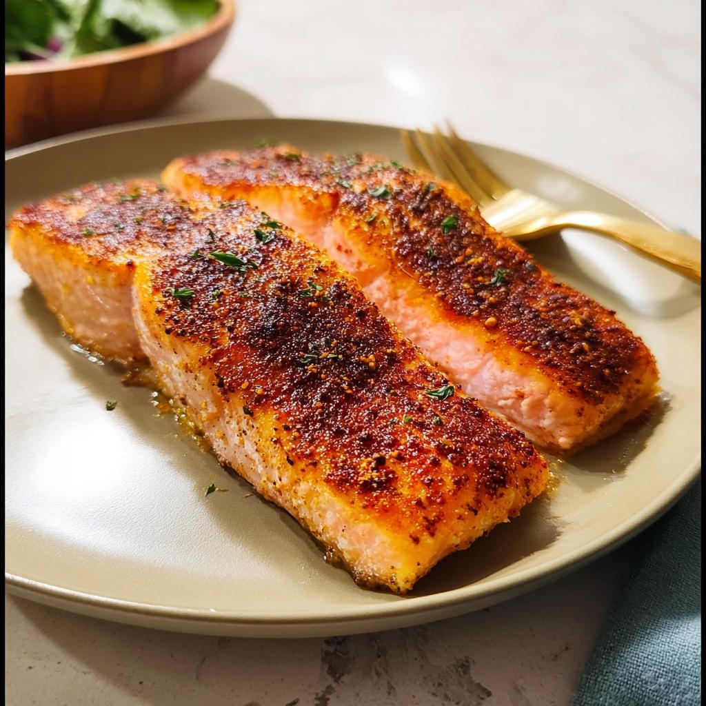 Three perfectly cooked salmon fillets with a seasoned crust, served on a plate, part of The Ultimate Salmon Recipes Guide for Beginners.