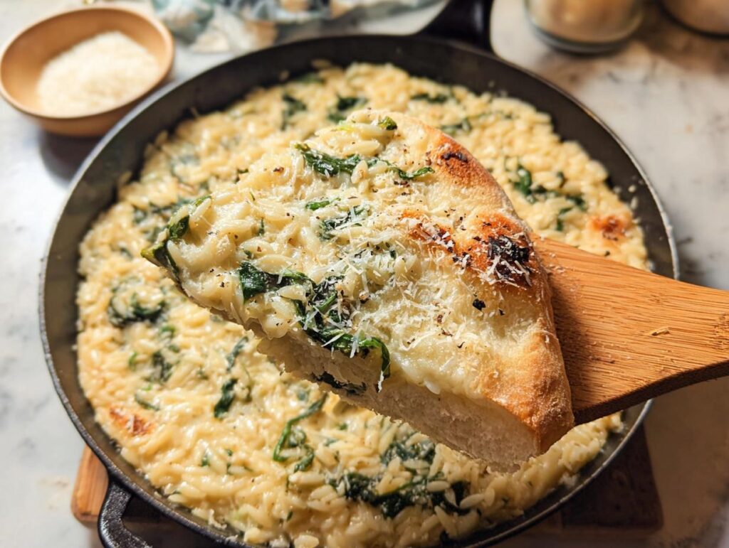 A slice of creamy orzo and spinach side dish, topped with melted cheese and herbs, being lifted from a skillet.
