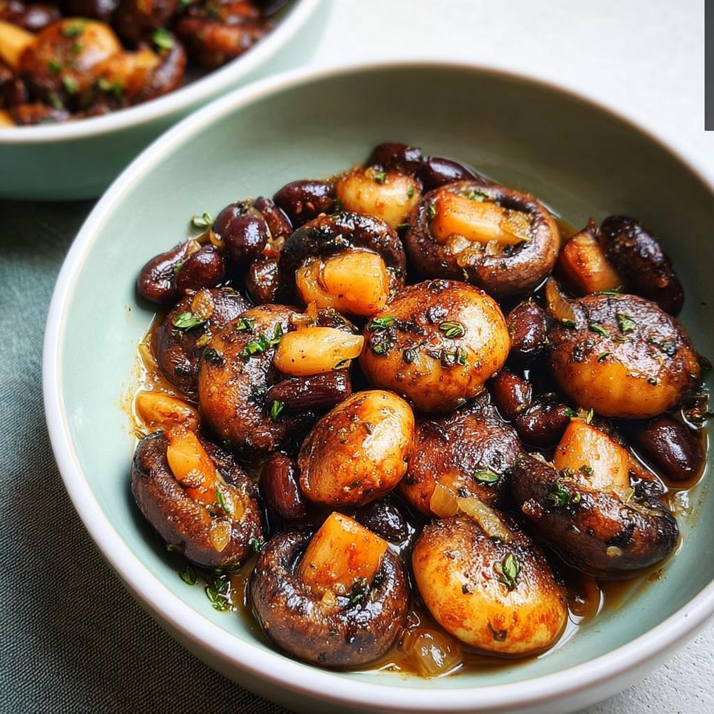 Close-up of a bowl filled with glazed mushrooms and beans, a perfect veggie sides recipe.