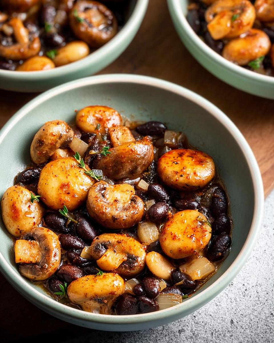 Close-up of a bowl filled with a savory mushroom and bean veggie sides recipe, seasoned and garnished with herbs.