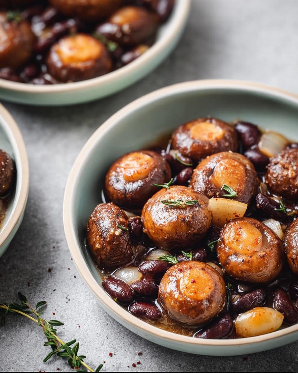 Close-up of a bowl filled with braised mushrooms, kidney beans, and onions, a delicious veggie sides recipe.