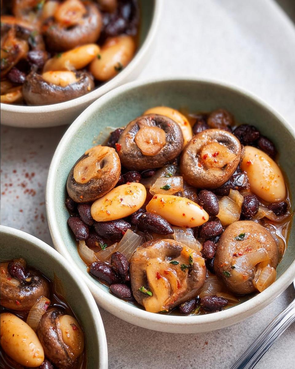 Close-up of a bowl filled with a hearty veggie sides recipe featuring mushrooms, beans, and onions.