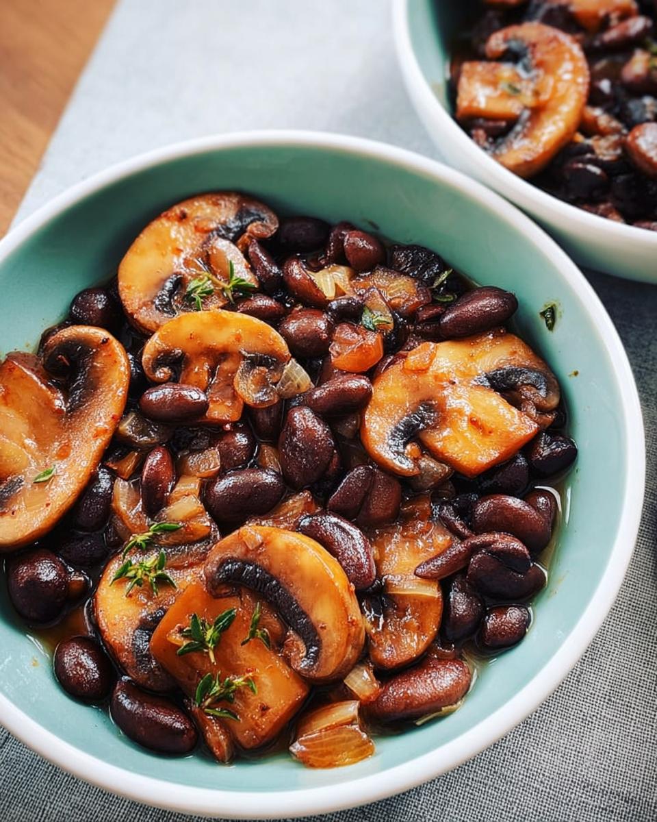 Close-up of a bowl filled with a savory veggie sides recipe featuring sliced mushrooms and dark beans, garnished with fresh herbs.