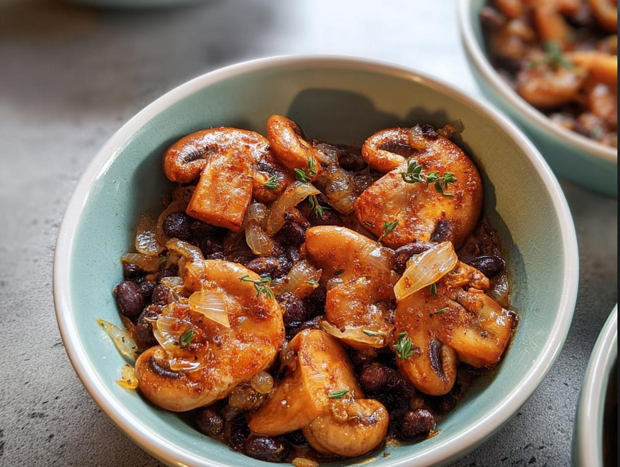 Close-up of a bowl filled with a hearty veggie sides recipe featuring sautéed mushrooms, onions, and black beans.