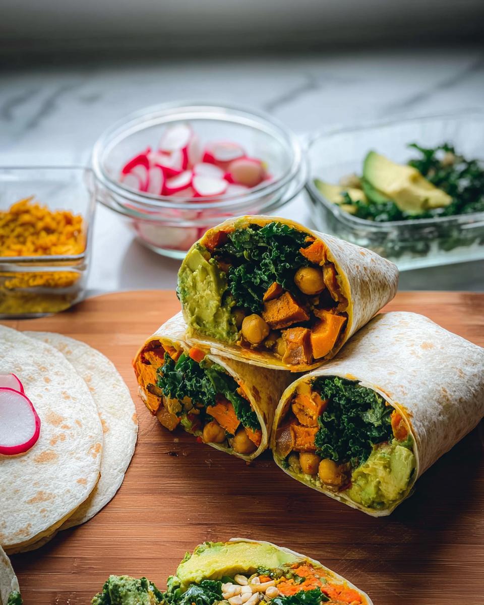Close-up of stacked veggie wraps filled with sweet potato, chickpeas, kale, and avocado. Ideal for sandwich ideas recipes meal prep.