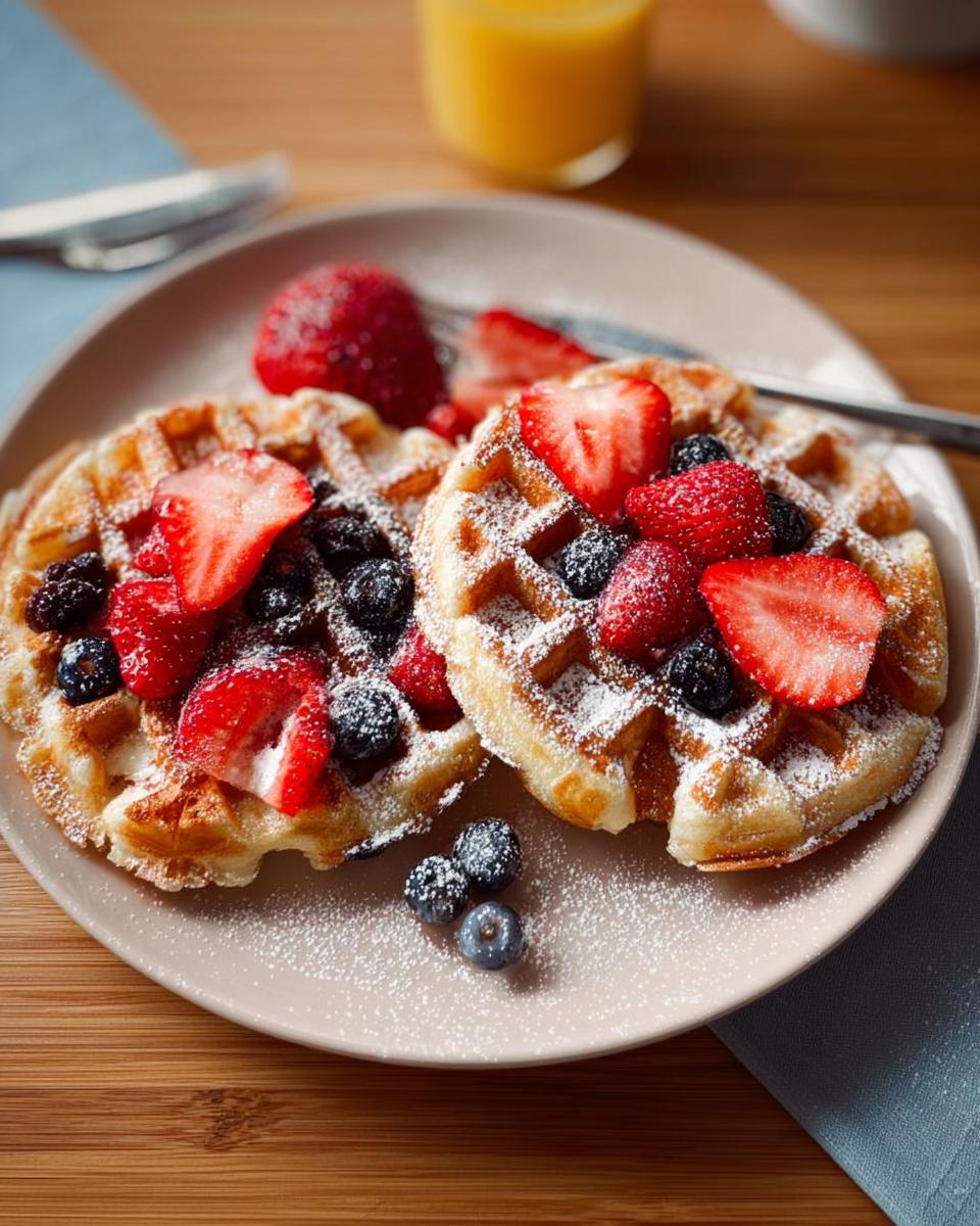 Two golden waffles topped with fresh strawberries, blueberries, and a dusting of powdered sugar. Perfect for breakfast ideas recipes.