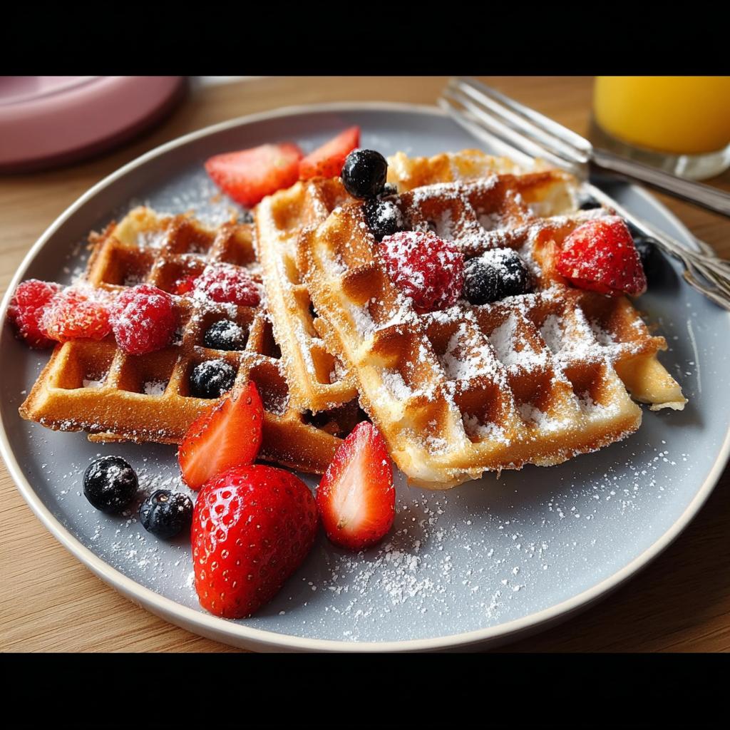 A plate of golden waffles topped with fresh strawberries, raspberries, blueberries, and powdered sugar, perfect for breakfast ideas.