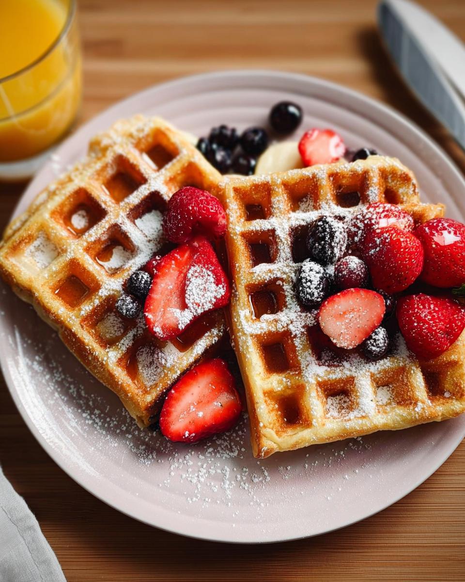 Two golden waffles topped with fresh strawberries, blueberries, and powdered sugar, perfect for breakfast ideas recipes.