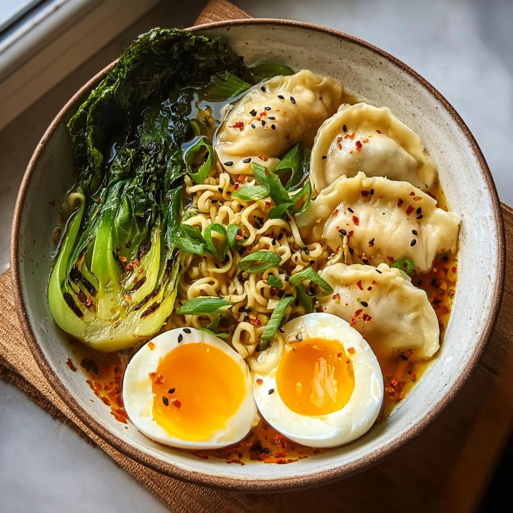 Savory Dumpling Ramen Bowl with Soft-Boiled Eggs and Fresh Greens - Tasty