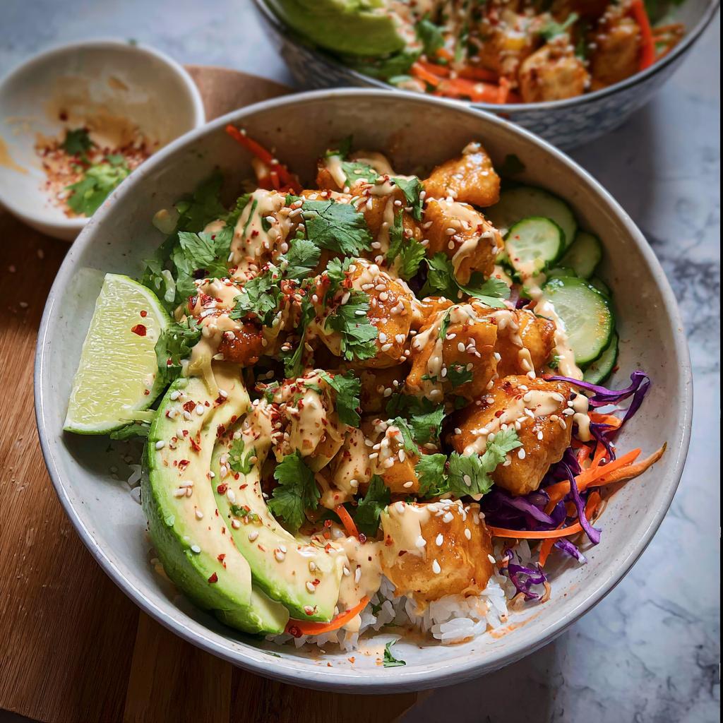 A close-up of a Bang Bang Chicken Bowl with crispy chicken, avocado slices, cucumber, and a creamy sauce.