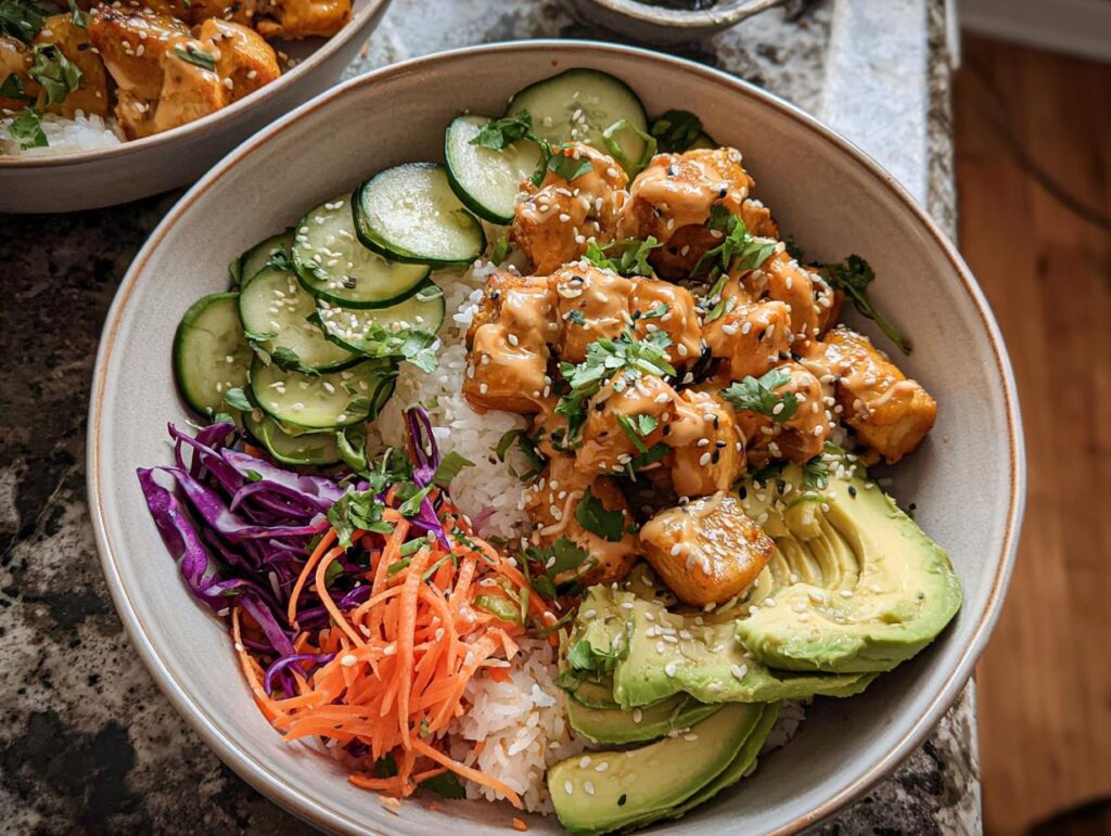 A close-up of a vibrant Bang Bang Chicken Bowl, featuring crispy chicken, rice, avocado, cucumber, and shredded carrots.