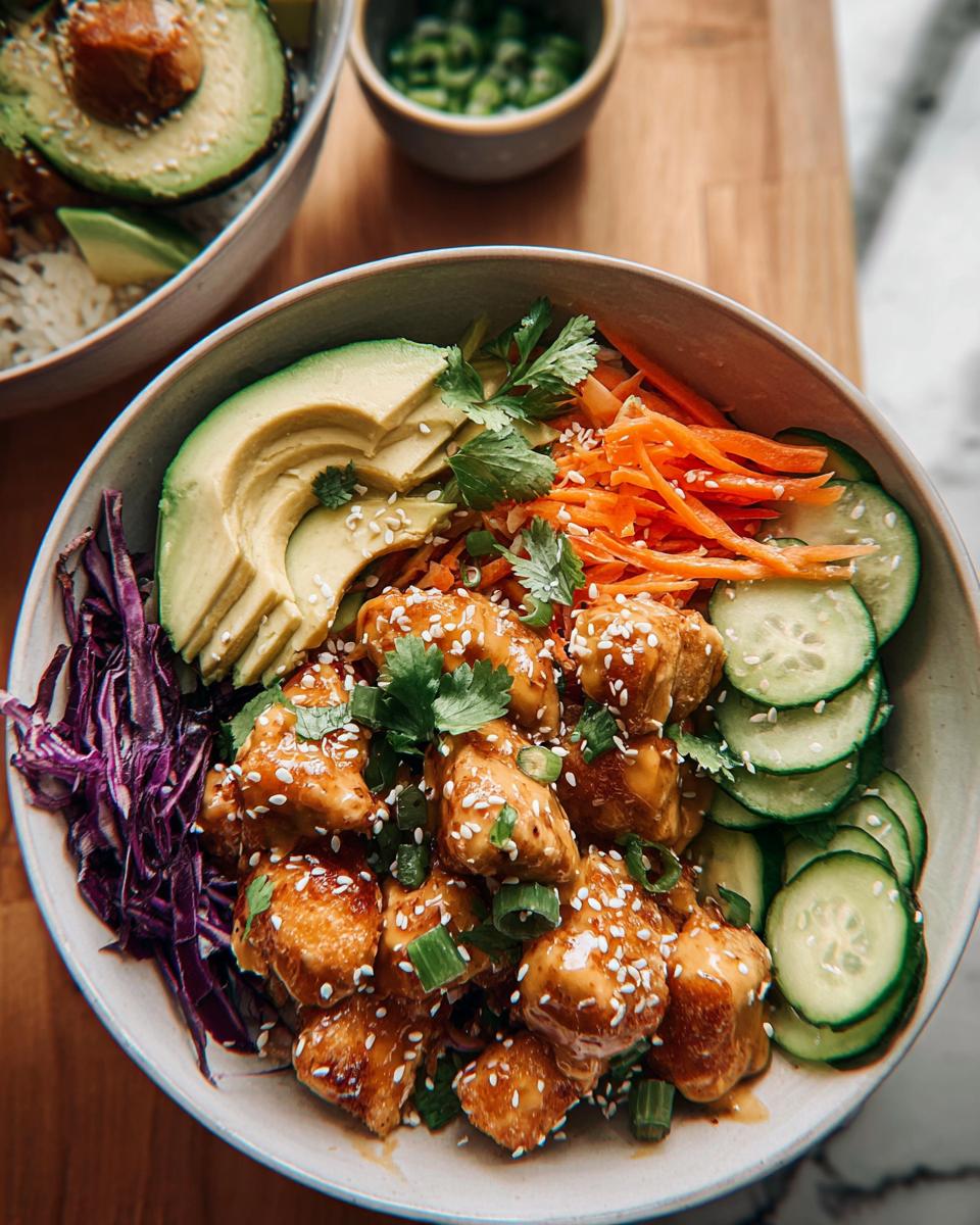 A close-up of a Bang Bang Chicken Bowl featuring crispy chicken, sliced avocado, shredded carrots, cucumber, and red cabbage.