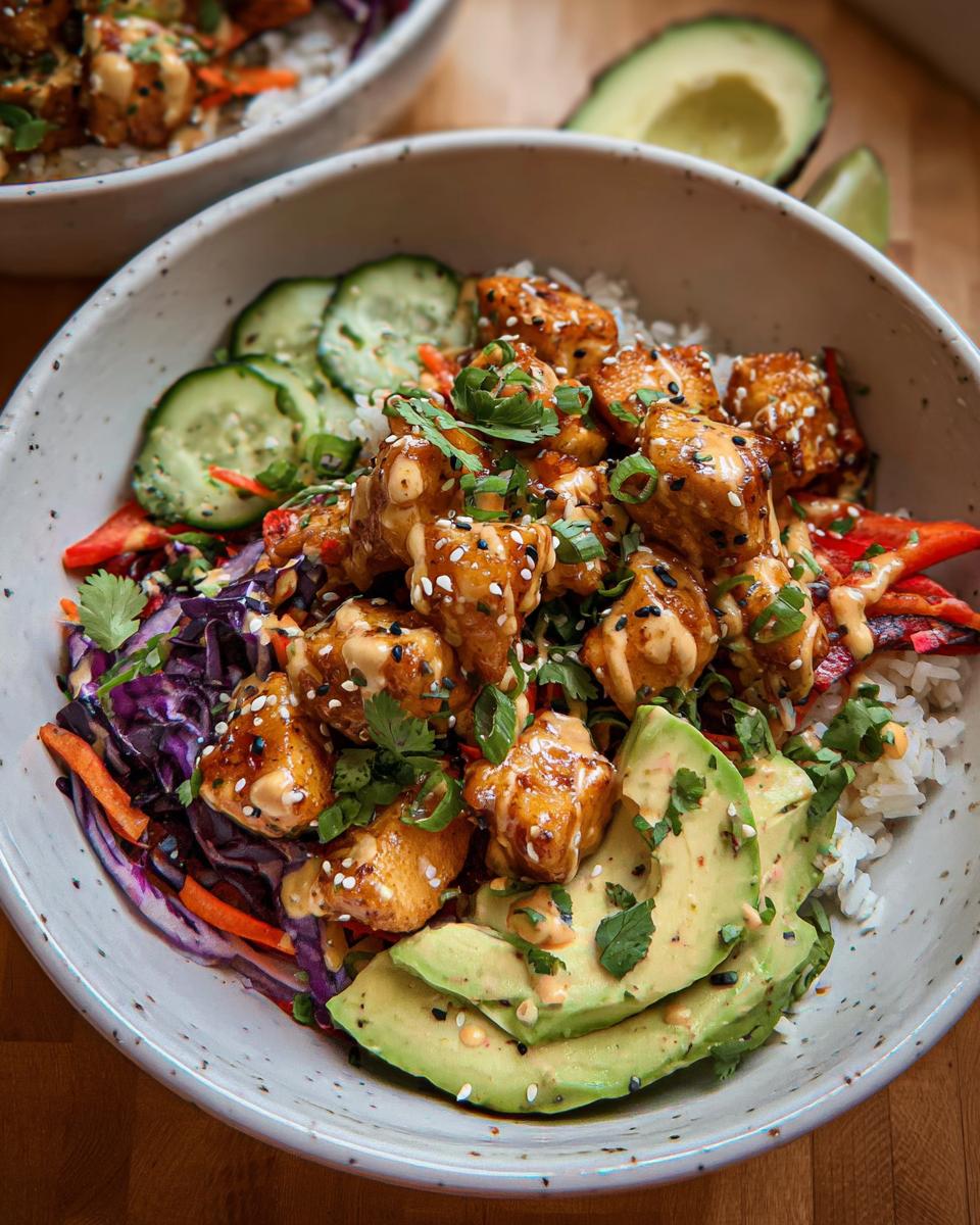A close-up of a Bang Bang Chicken Bowl featuring crispy chicken pieces, rice, avocado slices, cucumber, and red cabbage.
