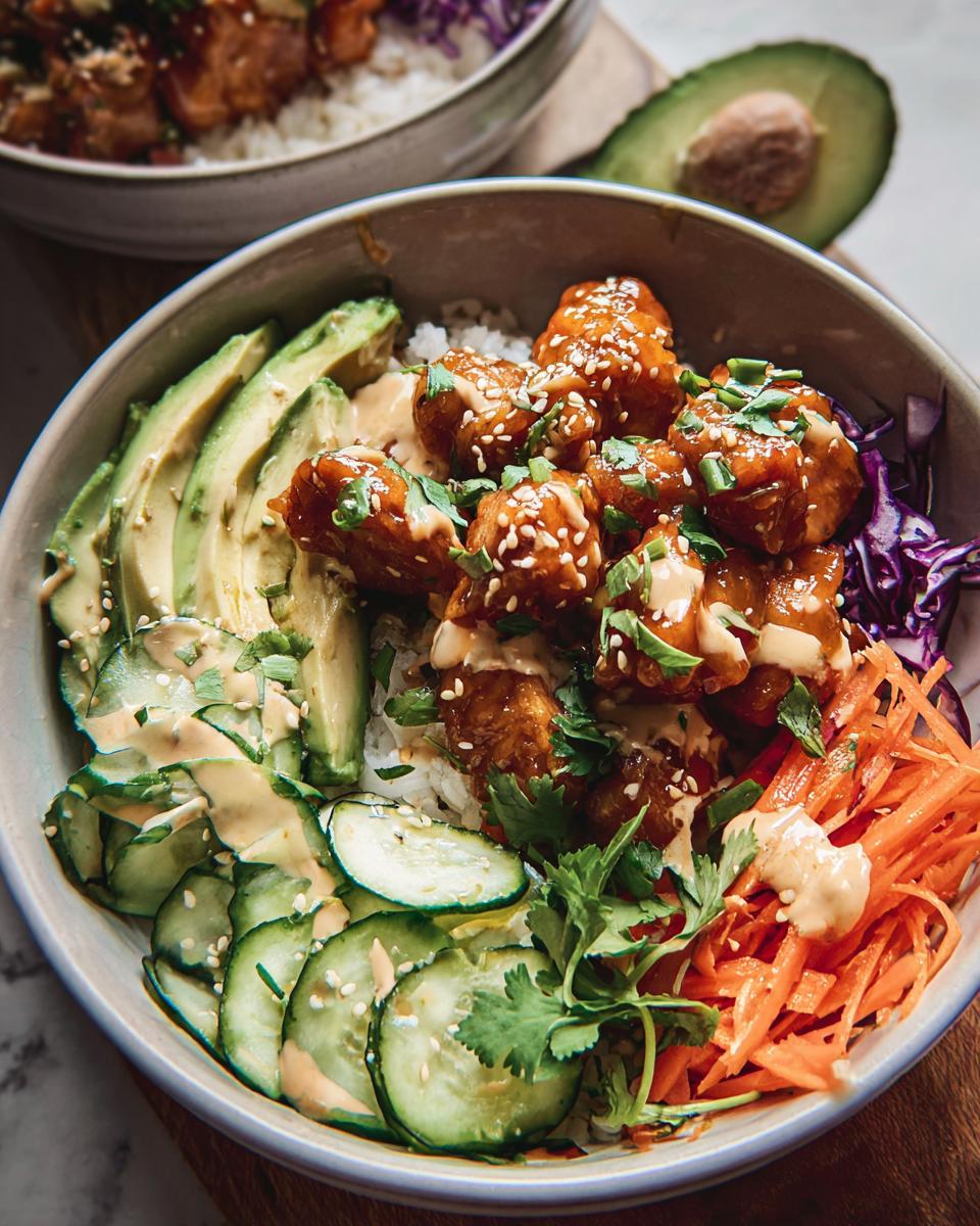 A close-up of a Bang Bang Chicken Bowl featuring crispy chicken, rice, avocado, cucumber, shredded carrots, and red cabbage.