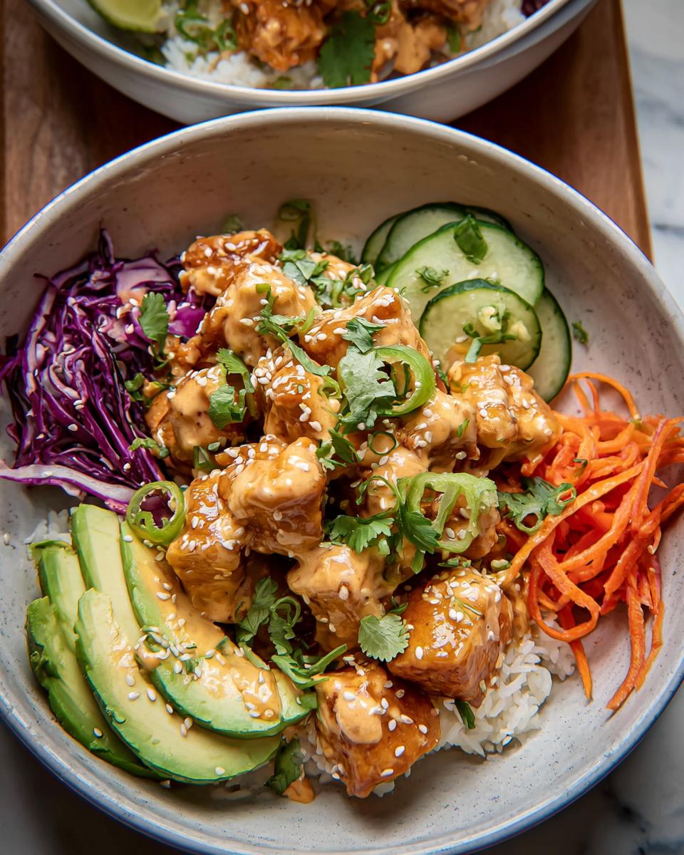 A close-up of a Bang Bang Chicken Bowl featuring crispy chicken, avocado, cucumber, shredded carrots, and red cabbage on a bed of rice.