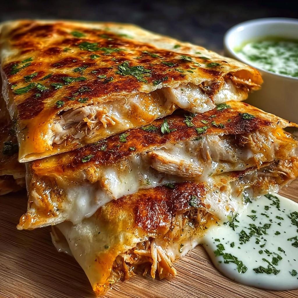 Close-up of cheesy hot honey chicken quesadillas, oozing with melted cheese and served with a side of jalapeño cream sauce.