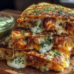 Close-up of stacked Cheesy Hot Honey Chicken Quesadillas, oozing with melted cheese and sprinkled with parsley, served with a side of jalapeño cream sauce.