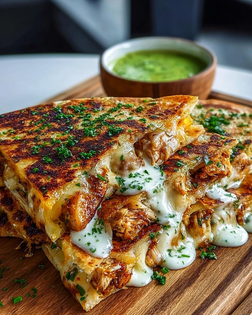 Close-up of Cheesy Hot Honey Chicken Quesadillas, drizzled with creamy sauce and sprinkled with herbs.