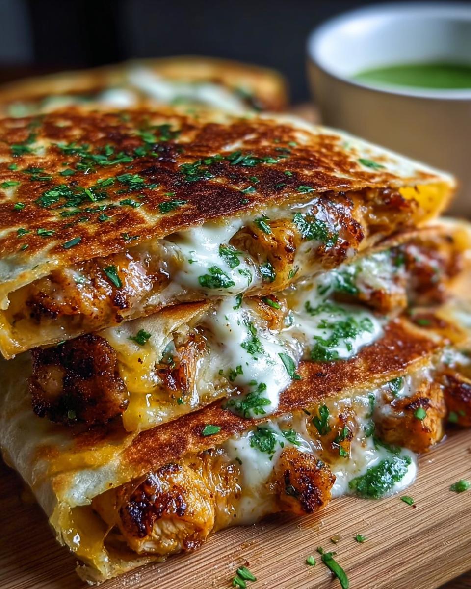 A stack of Cheesy Hot Honey Chicken Quesadillas, oozing with melted cheese and sprinkled with fresh herbs.