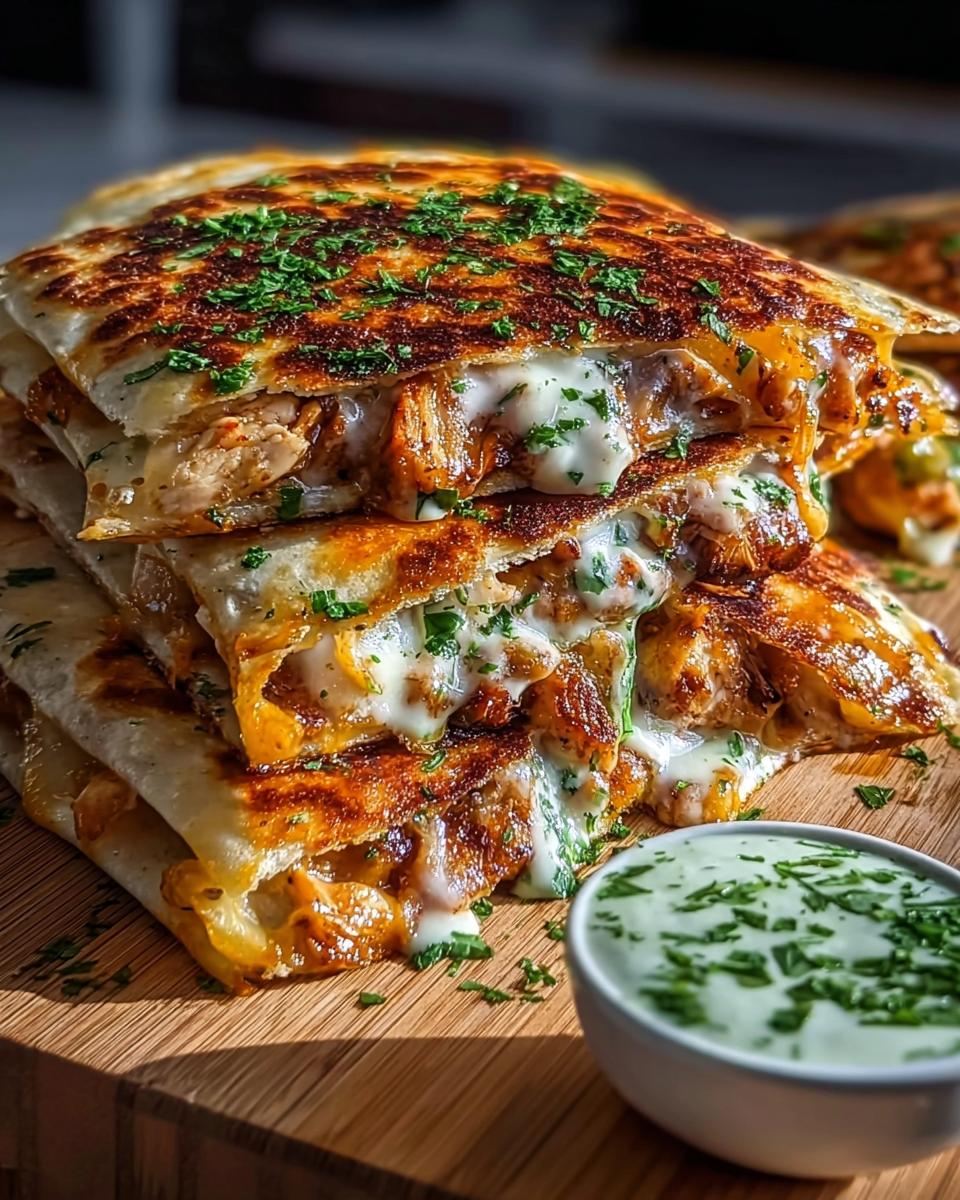 A tall stack of Cheesy Hot Honey Chicken Quesadillas, oozing with melted cheese and sprinkled with fresh parsley.