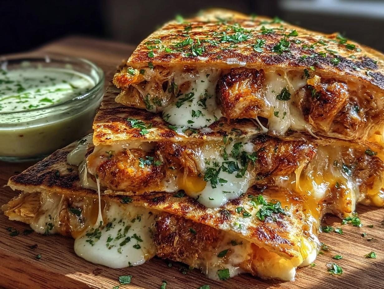 Close-up of stacked Cheesy Hot Honey Chicken Quesadillas, oozing with melted cheese and sprinkled with parsley, served with a side of jalapeño cream sauce.