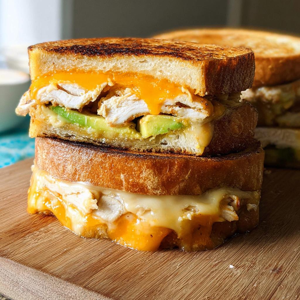 A close-up of a stacked CHICKEN AVOCADO MELT SANDWICH with melted cheese and avocado slices.