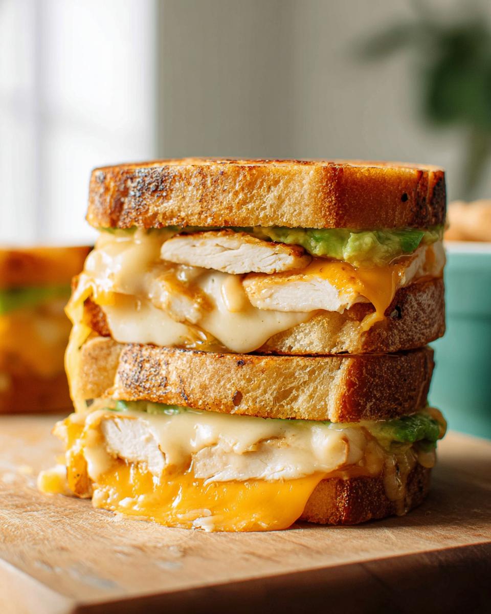 A tall stack of two CHICKEN AVOCADO MELT SANDWICHES, oozing with melted cheese and layered with grilled chicken and avocado.