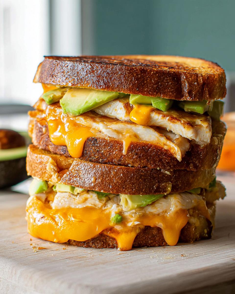 A tall, stacked CHICKEN AVOCADO MELT SANDWICH with melted cheese and fresh avocado slices on toasted bread.