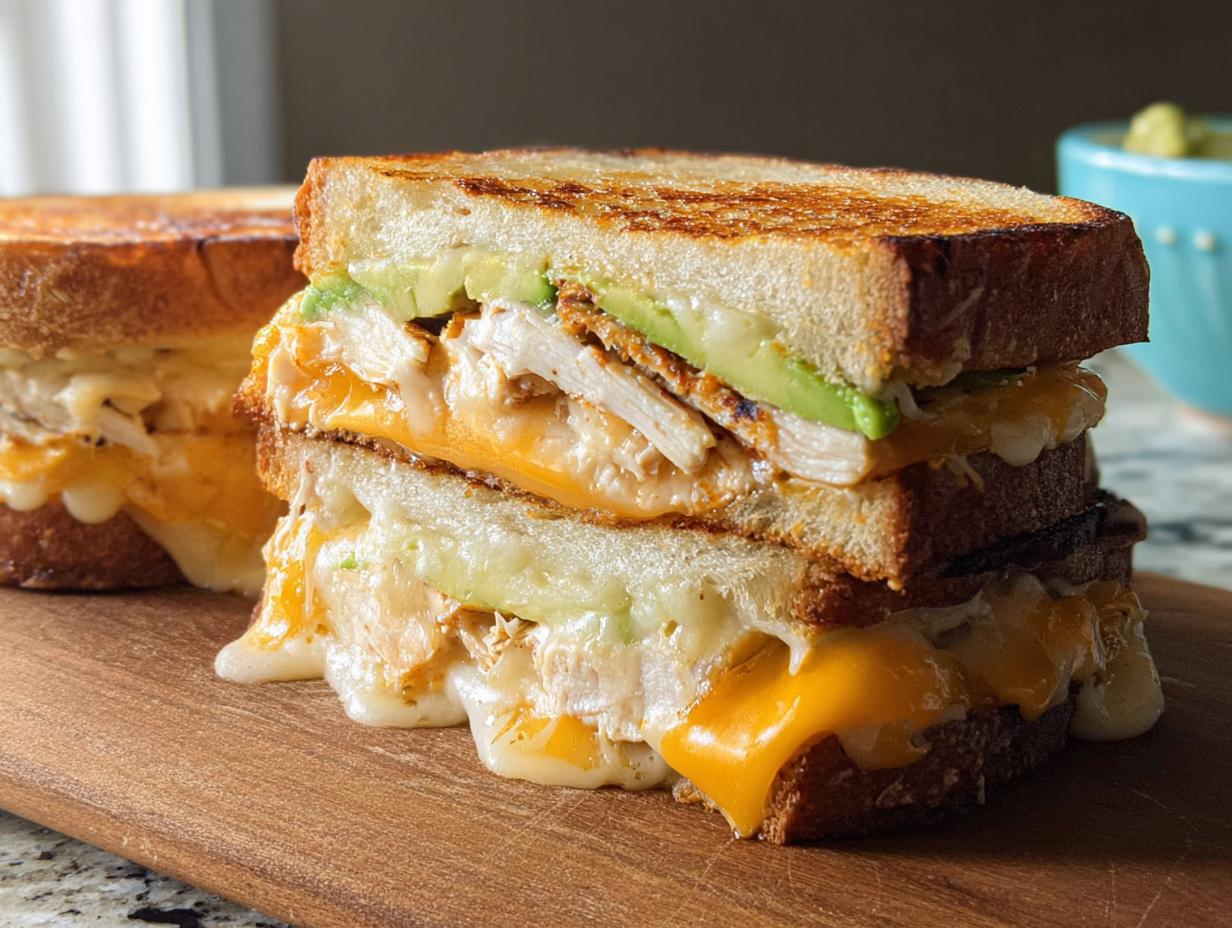 A stacked CHICKEN AVOCADO MELT SANDWICH with melted cheese and toasted bread.