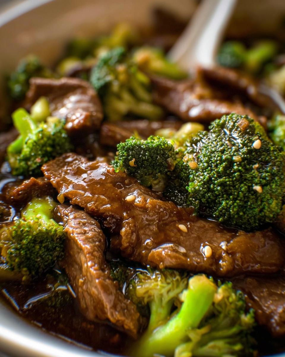 Close-up of tender slices of Chinese Beef and Broccoli coated in a glossy savory sauce, garnished with sesame seeds.
