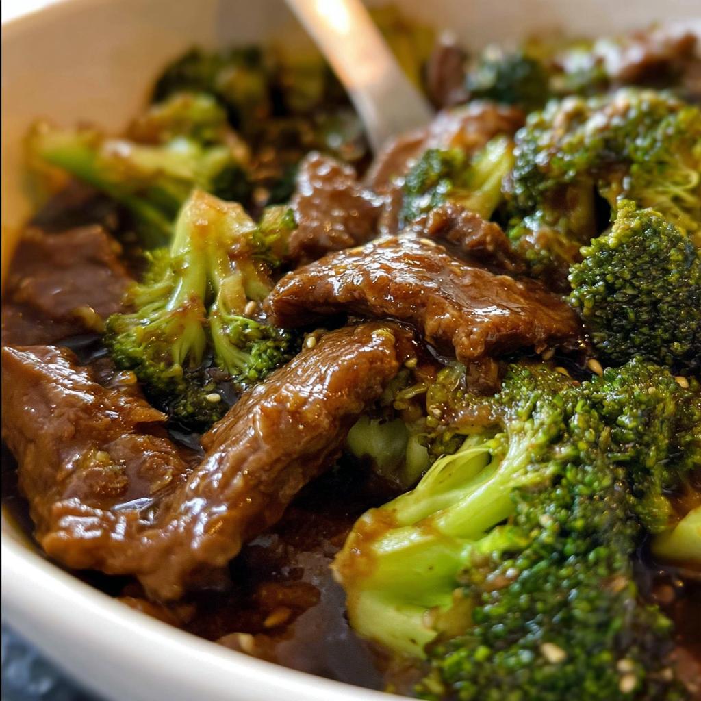 Close-up of tender slices of Chinese beef and broccoli florets coated in a savory sauce.